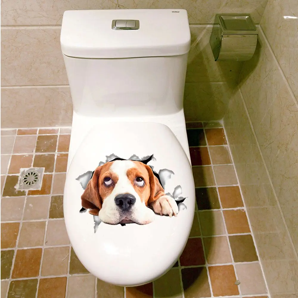 3D Cute Cats Wall Sticker Toilet Stickers Hole View Vivid Dogs Bathroom Home Decoration Animal Decals Art Sticker Wall Poster