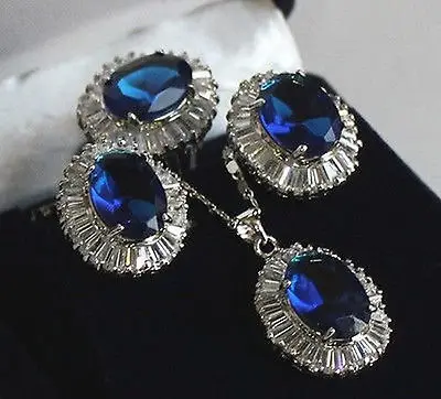 

Inlay Blue Crystal Pendant Necklace Ring Earring set>AAA18KGP Plated gold Bridal wide watch wings queen JEWE U656