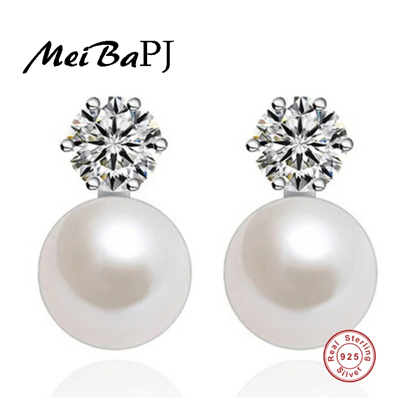 

[MeiBaPJ]Princess Earrings 100% real freshwater pearl earrings for women white/pink/purple/black hot selling 925 silver jewelry