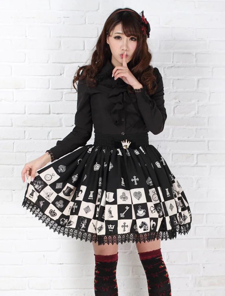 Kotak-kotak/kotak-kotak Pendek Pinggang Hitam Lolita Renda 4