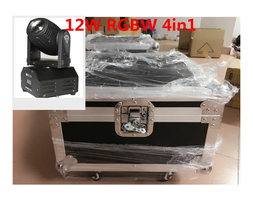 

2 unids/lote con flight case 12 W cabeza movil de haz de luz DMX512 Luces led spot iluminacion dj show laser discoteca luz rgbw