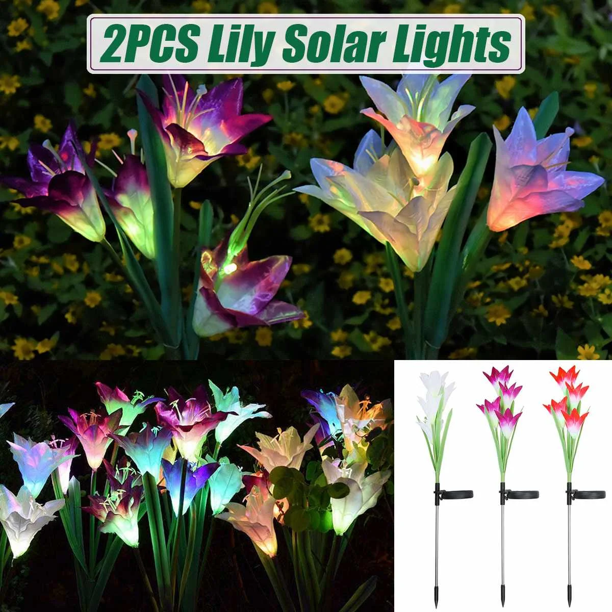 

2pc Solar Light For Garden Decoration LED Solar Lamp Color Changing Lily Flower Outdoor Lighting Lamp Waterproof Path Yard Decor