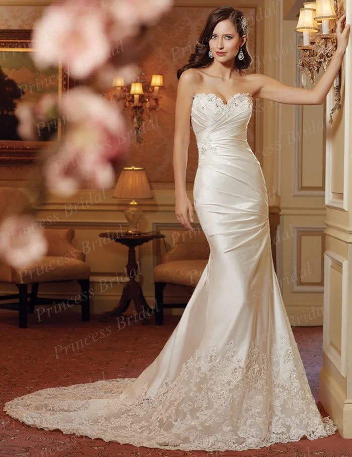 Free Shipping Glamorous Trumpet Sweetheart Corset Back Court Train Satin font b Wedding b font Gowns