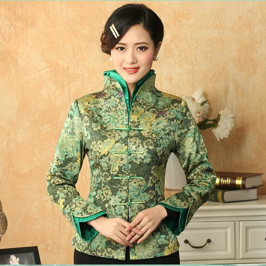 Light Green Traditional Chinese style Women's V Neck Jacket Coat