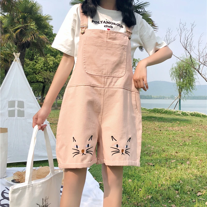 

Harajuku Women Shorts Cats Embroidered Loose High Waist Pink Black Overalls 2019 Summer Cute Stuff Shorts Female