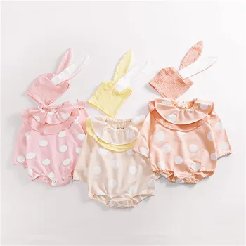 

Hot Baby Girl Autumn Romper Dot Pom Pom Romper Child Cute Ruffles Outfits Matching Rabbit Ear Hat Baby Girl Long Sleeve Clothes