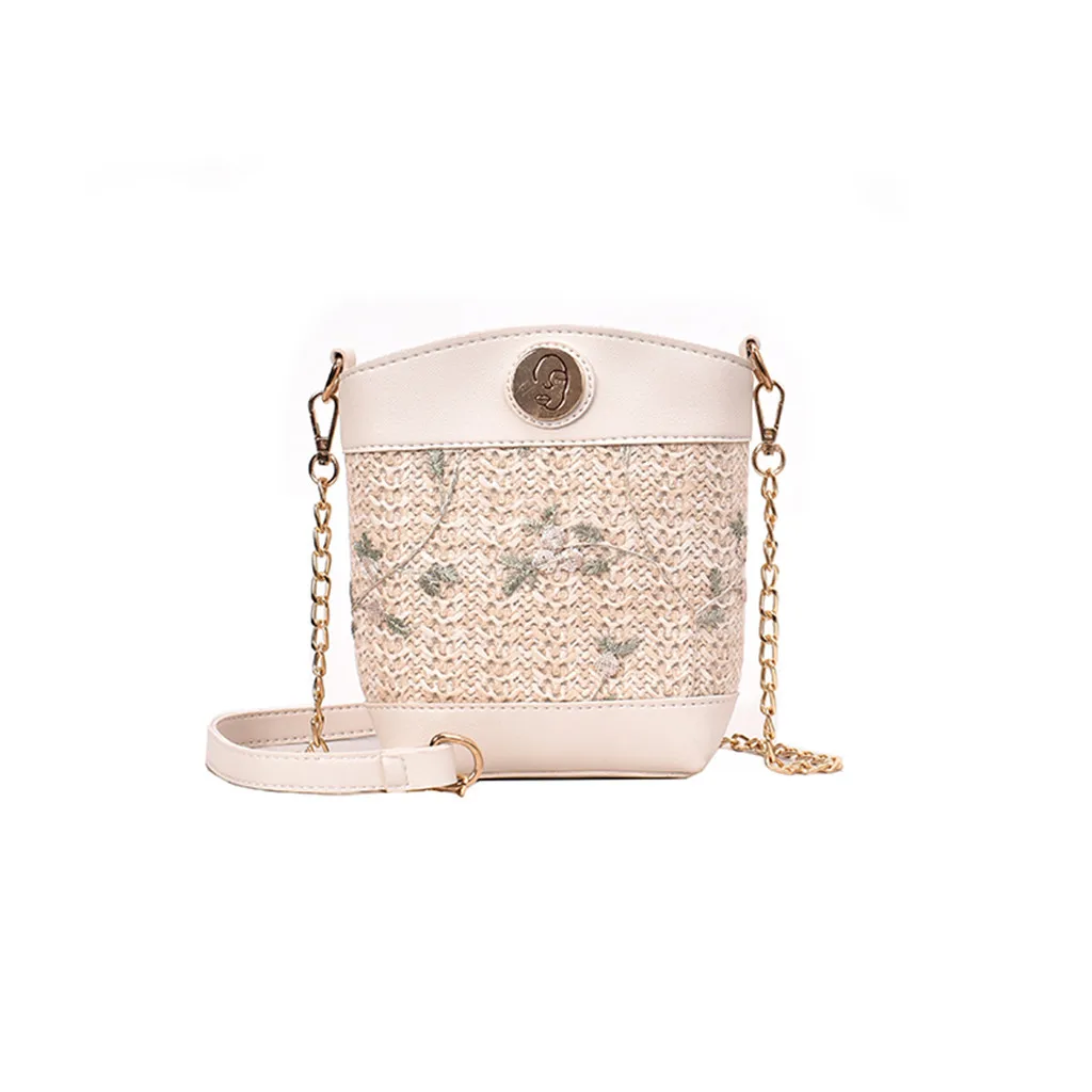 

Woven Bucket Bag Women Summer Beach Bag Lace Embroid Floral Straw Chain Bag Female Vintage Crossbody Bag Girls Boho Shoulder sac