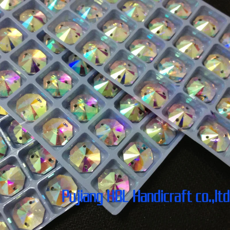

14mm 30pcs/lot Octagonal Crystal Sew On Clear AB color with two holes Crystal DIY Diamond Flatback Handcraft For Wedding Dress