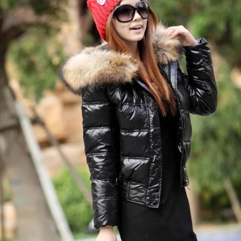 discounted  2018 Winter Down Jacket Fashion Raccoon Fur Hood Warm Jacket Short Coat Long Sleeve Black Red Jacke