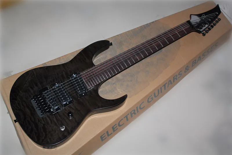 

Rosewood fingerboard 27 frets 7 strings tremolo transparent black B electric guitar with clouds lines maple wood body