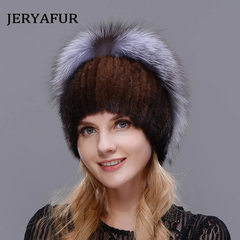 JERYAFUR новая стильная шапка из натурального меха лисы и норки, зимняя женская шапка из натурального вертикального меха высокого качества, модная шапка из серебристой лисы - Цвет: COLOR1