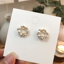 AOMU, милый геометрический дизайн, округлый, Круглый, квадратный, звезда, жемчуг, кристалл, циркон, серьги-гвоздики, подарок для женщин, золото, металл, модные свадебные украшения