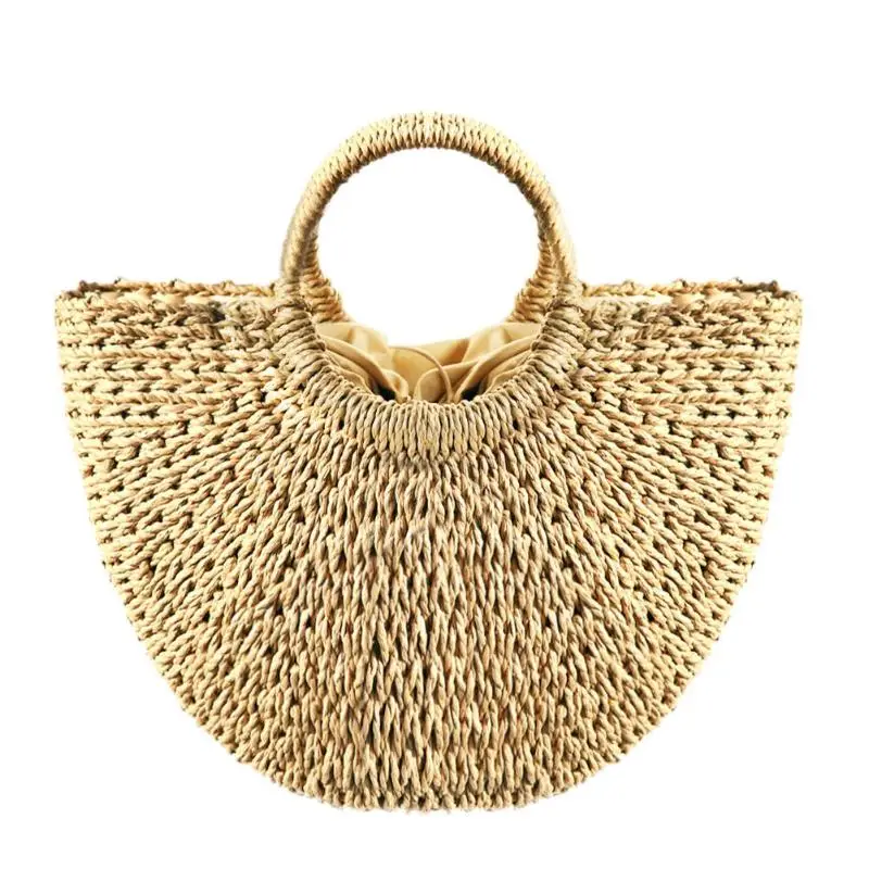 

Large Summer Beach Woven Straw Handbags Women Drawstring Casual Round Handle Small Tote Shopping Wristlets straw bag round