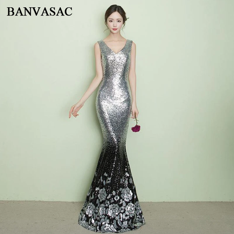 

BANVASAC 2018 Elegant V Neck Sequined Mermaid Long Evening Dresses Party Flowers Pattern Tank Backless Prom Gowns