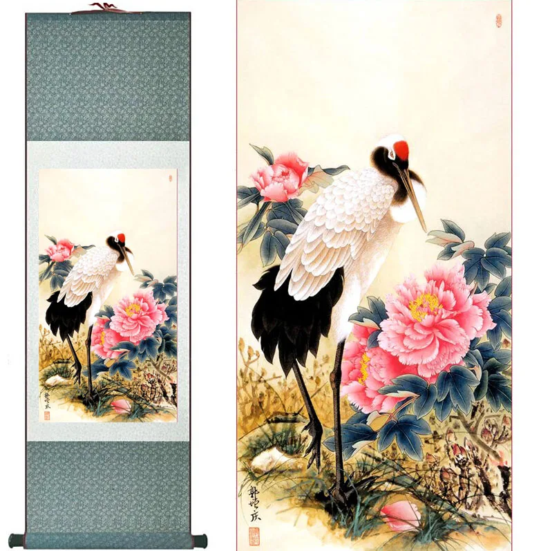 

crane and Red flowers Painting Home Office Decoration Chinese scroll painting birds painting flower paintingPrinted painting