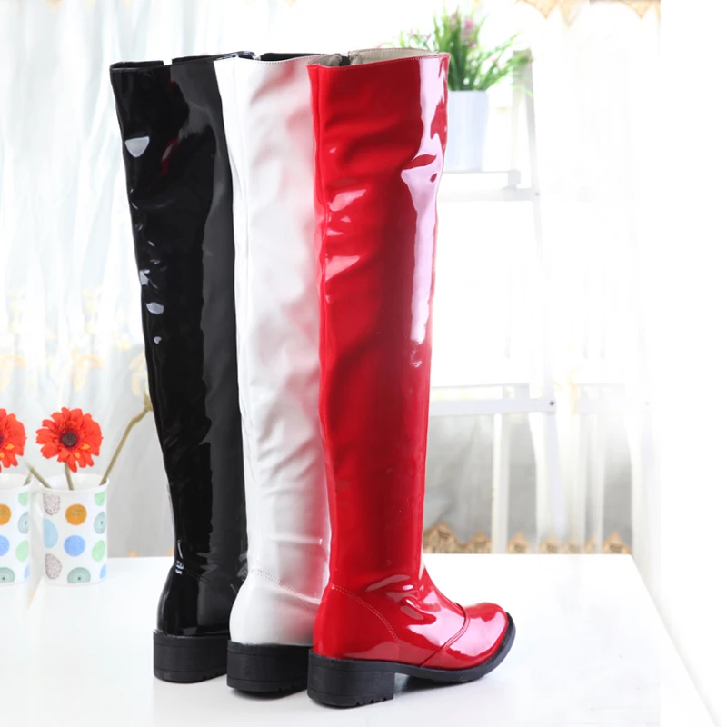 

PQECFS Big size 34-44 high quality spring & autumn women sexy patent leather pole dancing med heels thigh high boots 3 colors