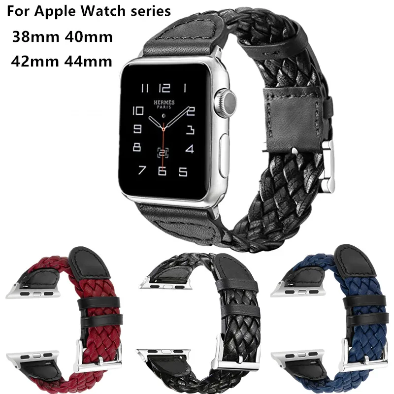 Плетеный кожаный ремешок для Apple Watch band 4 44 мм 40 мм металлическая пряжка браслет ремень для iwatch серии 3 2 1 38 мм 42 мм ремешок для часов