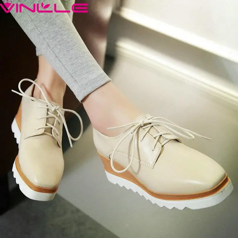 

Beige Lace Up Casual Women Shoe Square Toe Ladies Soft PU Leather  Spring Platform Shoes Size 11 12 Wedges High Heel Woman Pumps