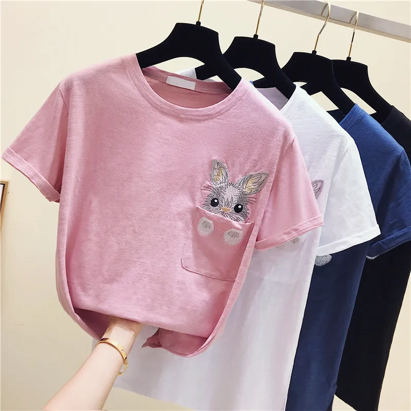 

2018 Fashion Harajuku White T Shirt Women embroidered Rabbit Hip hop T Shirt Bomboo Cotton Short Sleeve Korean Style Tops Tee