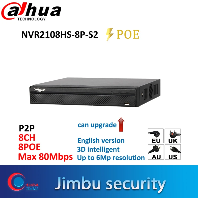 Dahua NVR 8PoE 8ch NVR2108HS-8P-S2 Smart 1U Lite H.264+/H.264 HD1080P Video Recorder Up to 6Mp Max 80Mbps support PTZ camera