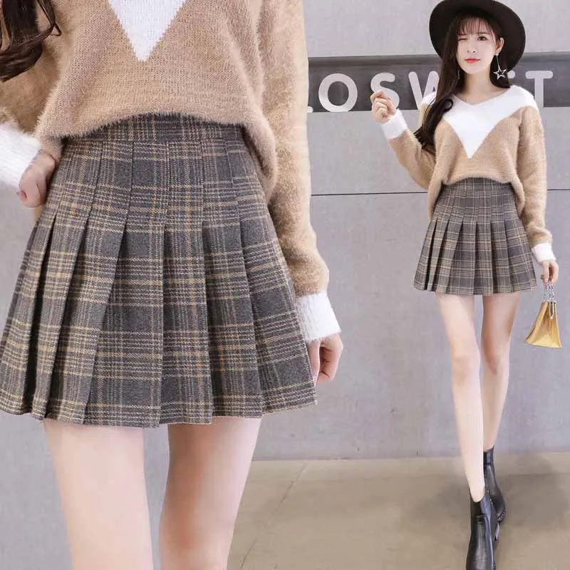 Autumn Winter High Waisted Skirts Women A Line Pleated Skirt Short