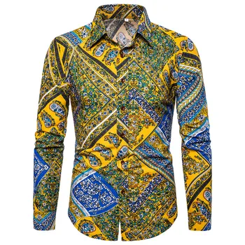 

Men Hawaiian Shirt 2019 Vintage Paisley Floral Print Linen Shirts Men Long Sleeve Shirt Men Wedding Party Mens Dress Shirts 5XL