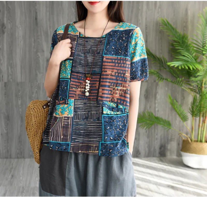 

Summer T-shirt Women Retro Loose Casual Pullovers Tops O-Neck Short Sleeve Print Pattern Mori girl Brierf T-shirt 2019 Tops