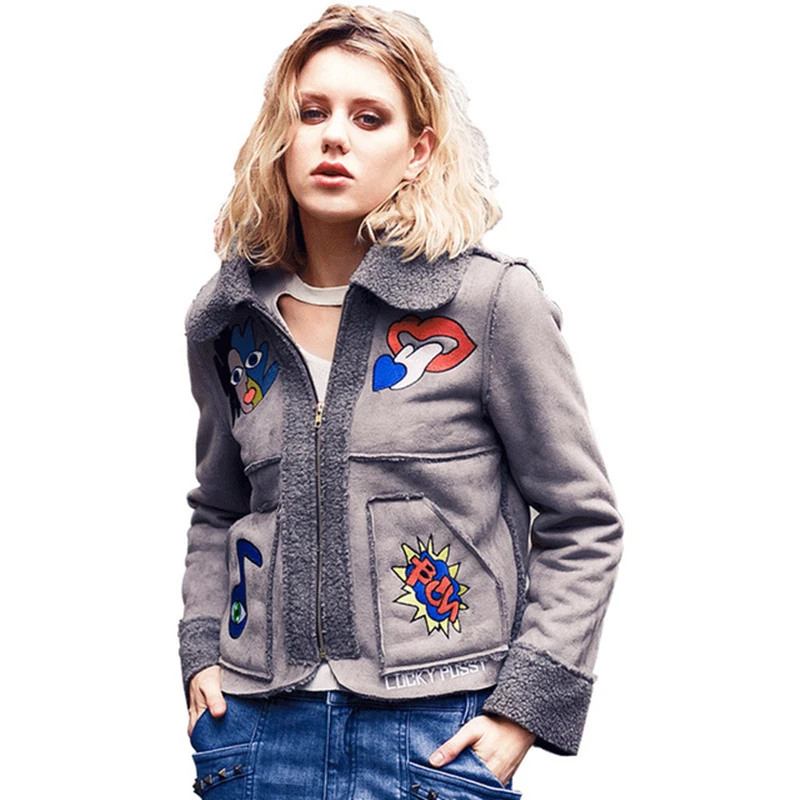 

Women Autumn Gray Coat Fashion Turn Down Collar Long Sleeve Overcoats Female Cute Cartoon Embroidery Casual Loose Outerwear Z104