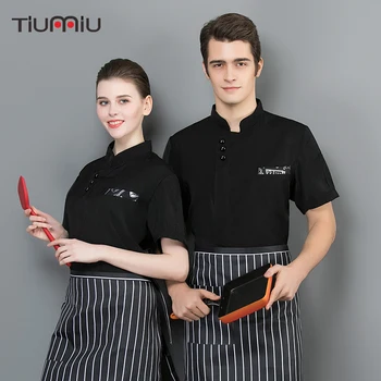 

Chef Jacket Summer Restaurant Uniform Kitchen Shirt Bakery Hotel Caffe Cooking Chef Clothes Men Women Work Coat Black M-3XL