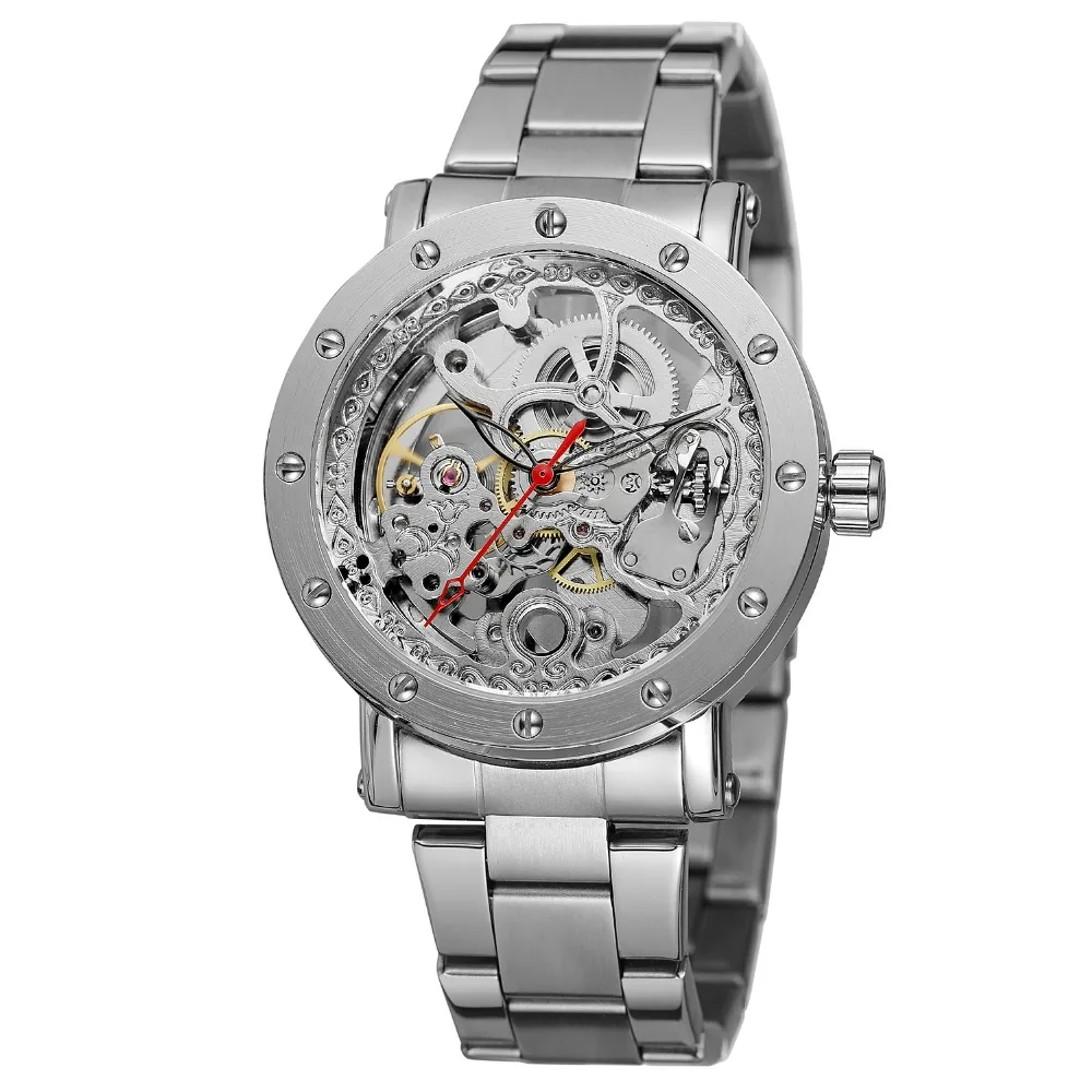 

Forsining Men's Super Quality Full Silver Stainless Steel Luxury Top Brand Automatic Self-wind Clock Skeleton Analog Wristwatch