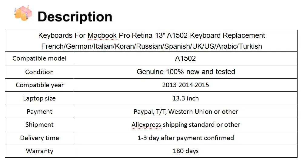 Клавиатуры для Macbook Pro retina 1" A1502 клавиатура на замену французский/немецкий/итальянский/Коран/русский/испанский/Великобритания/США/арабский/Турецкий