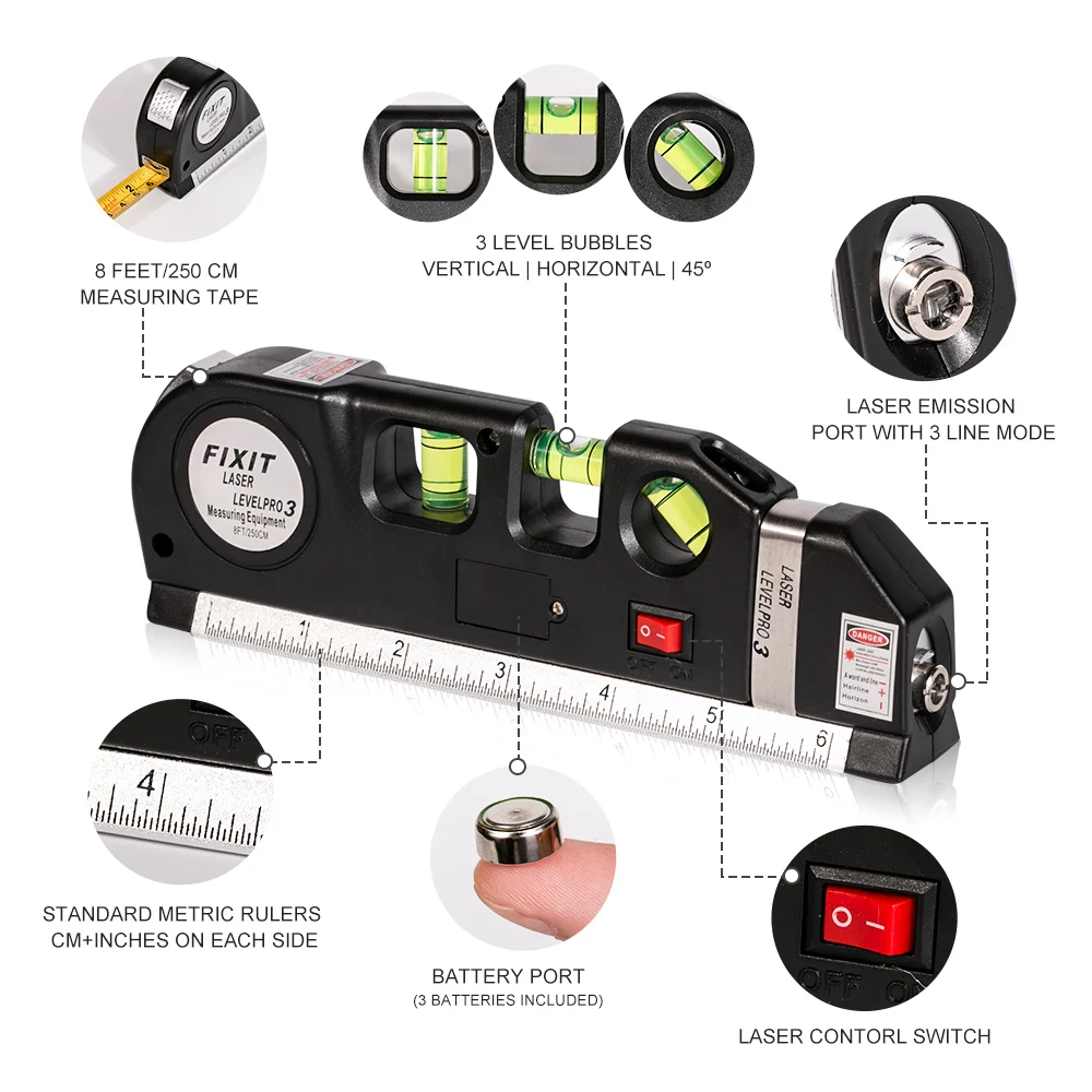 Многоцелевой лазерный уровень Горизонт Вертикальная линия измерения 8 футов+ измерительная лента Линейка Отрегулированная стандартные и метрические линейки