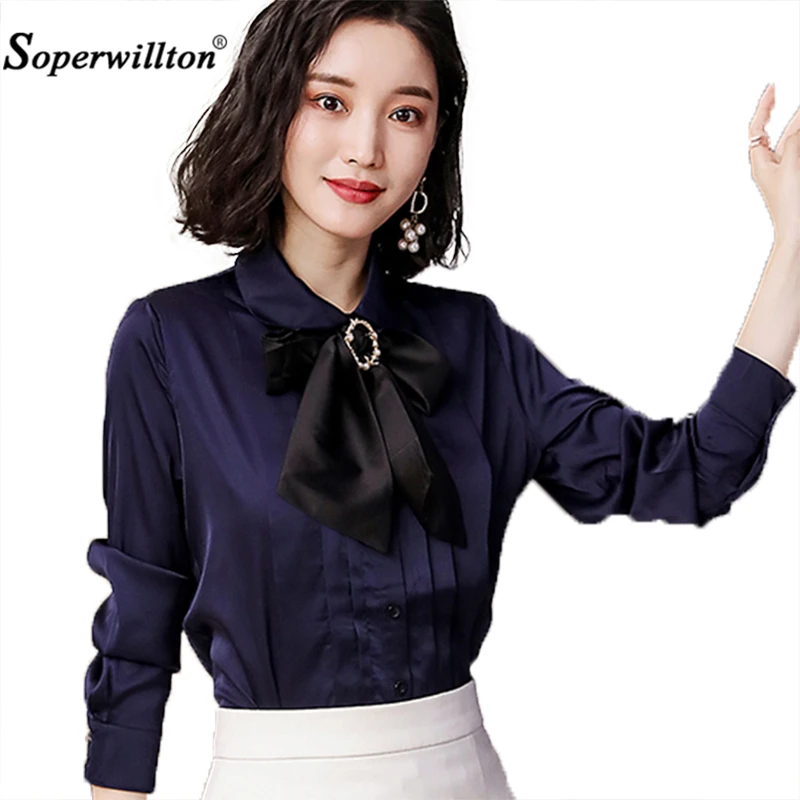 

New 2018 Spring Office Bow Tie Blouse Women Long Sleeve White Button Necktie Shirts Female Elegant Work Shirt Casual Top Tops
