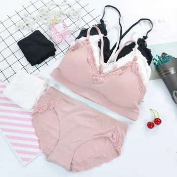 

GUMPRUN Seamless V Neck Bra Set Full Cup Wire Free Bra Panties Set Lace Stitching Underwear Women Striped Sexy Lingerie Suits