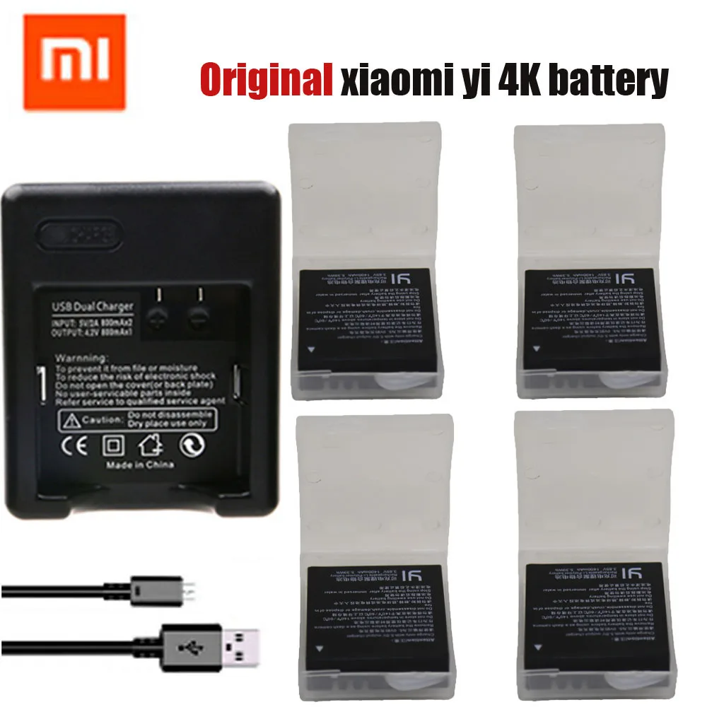 Original 4pcs xiaomi yi 4K battery + USB Dual charger bateria Yi 4k For 2 Xiao Camera Accessories | Электроника