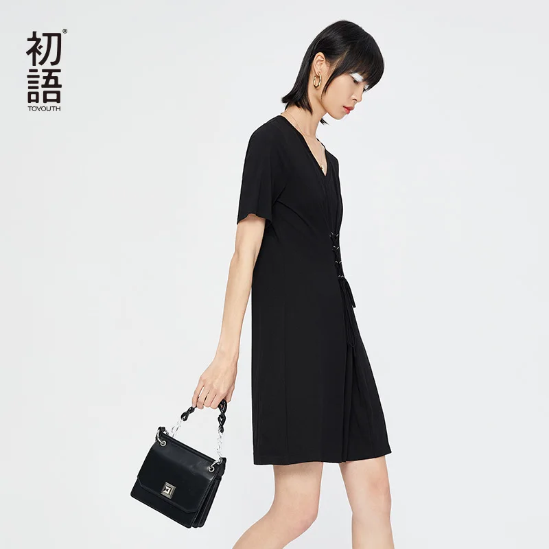 Baratos Toyouth mujeres Vintage cuello en V encaje hasta alta cintura algodón Color sólido negro Mini vestido de manga corta vestidos