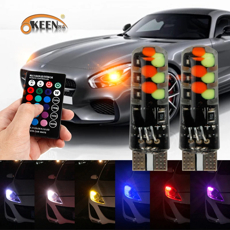

OKEEN 2x 5050 SMD RGB LED T10 W5W 194 168 Auto Car Wedge Side Light Multicolor LEDs Demo Lamp Bulb With Remote Controller Strobe