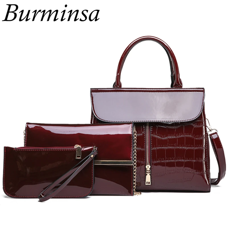 Burminsa Stone Pattern Women Patent Leather Handbags 3 Sets Female Shoulder Messenger Bags Lady Clutch Purse 2018 Black Navy Red