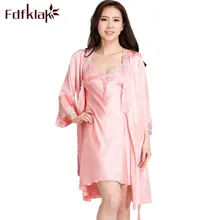 Fdfklak Для женщин пикантный шелковый халат комплект весна банный халат осень для Для женщин кружевное нижнее белье с длинными Неглиже Ночная рубашка халаты Q666