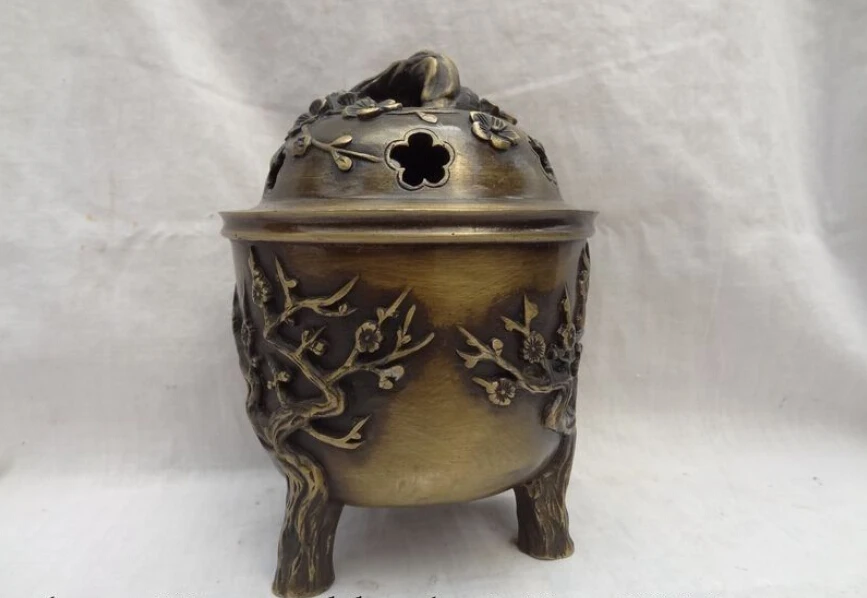 

Chinese Bronze Club Plum Blossom Tree Statue Old Tibet Incense Burner Censer