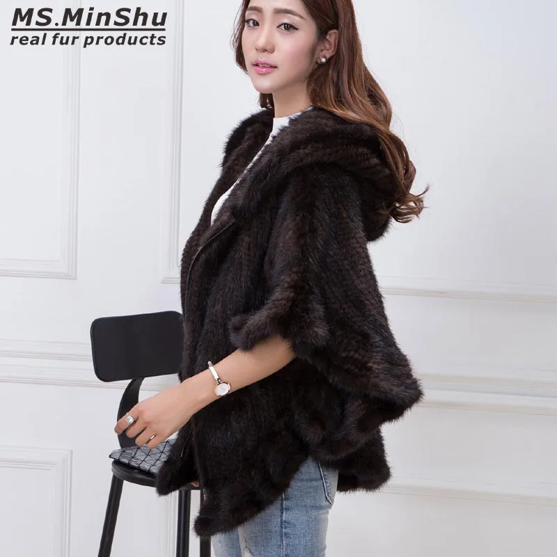 Ms.minshu-女性用ミンクファーポンチョ、手編みフード付きショール