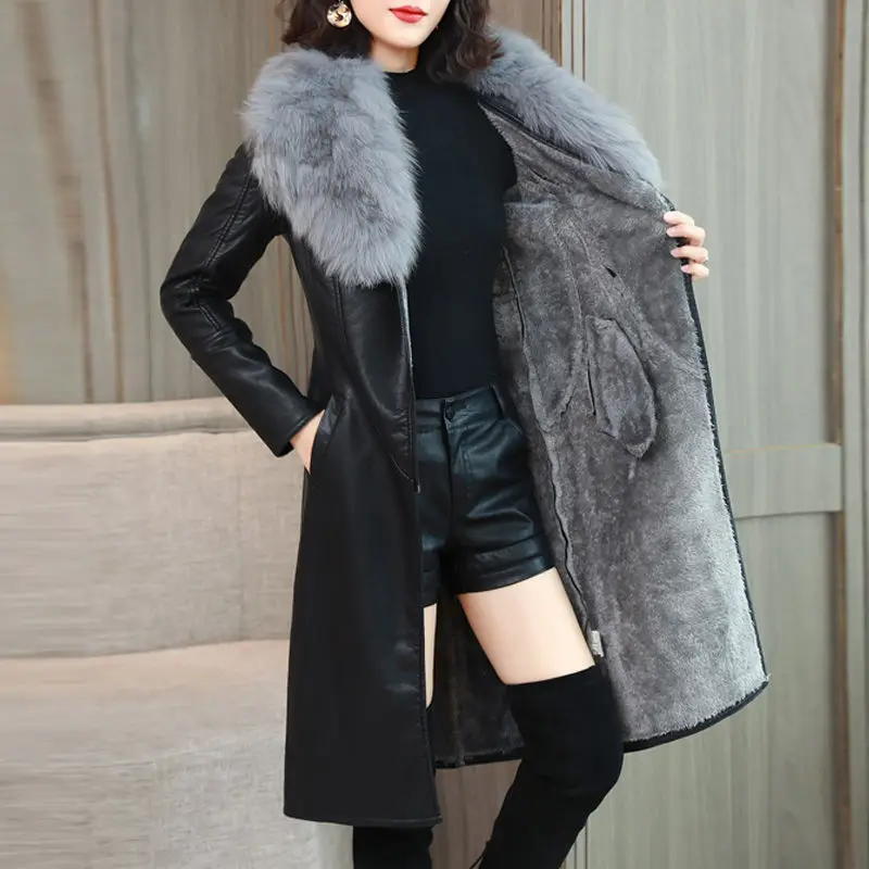 

Winter leather jacket women plus velvet thick long section new slim large fur collar leather coats black clothing