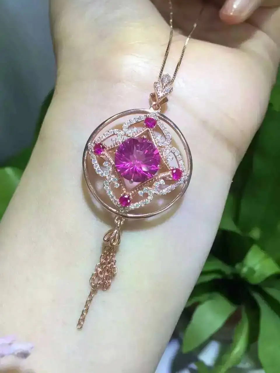 

natural pink topaz Pendant natural gemstone pendant necklace S925 silver Retro round lucky Tassels girl party gift fine jewelery