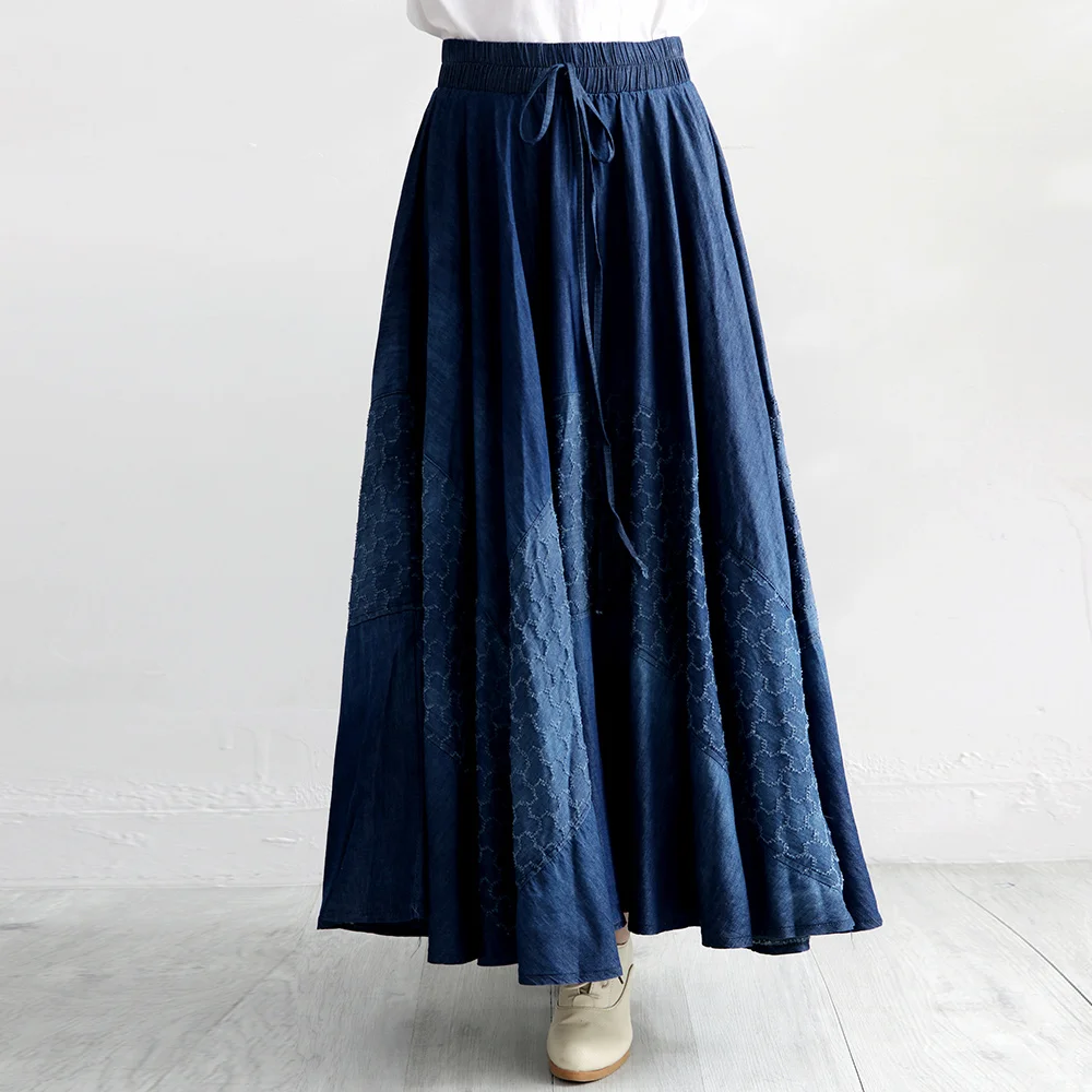 Новинка, модные длинные макси юбки трапециевидной формы, женские весенние и летние джинсовые синие винтажные юбки с эластичной талией
