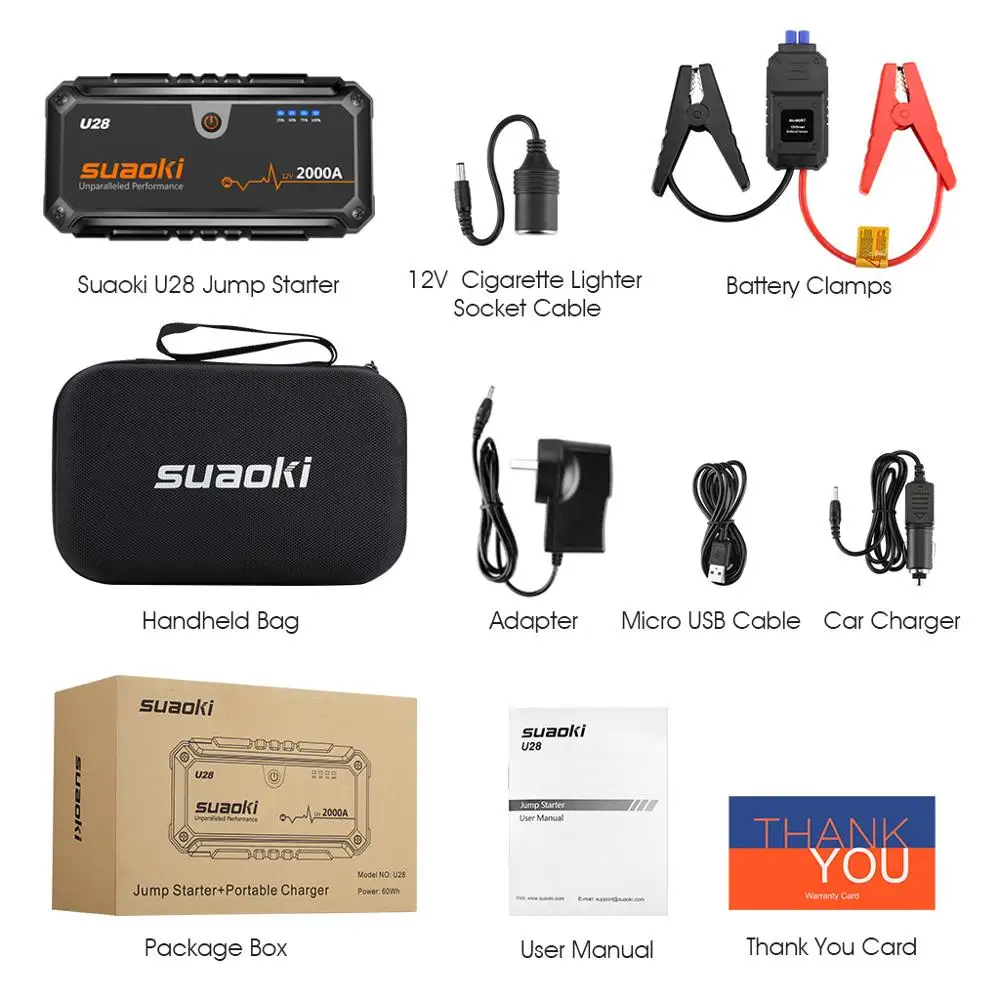 Suaoki U28 16000 мАч перезаряжаемая батарея Max 2000A автомобильный стартер для телефона