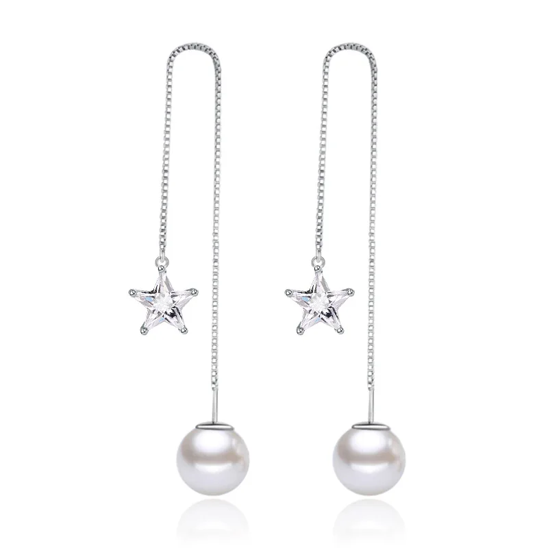 

925 Sterling Silver Imitation Pearl Fashion Star Design Long Drop Earrings for Women Jewelry Gift Wholesale Drop Shipping