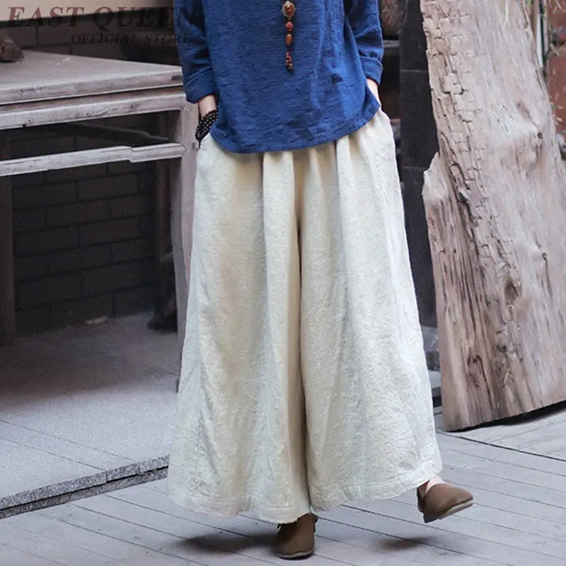 Chinese style linen Palazzo culotttes femme wide leg pants women female loose baggy ladies elegant pants trousers