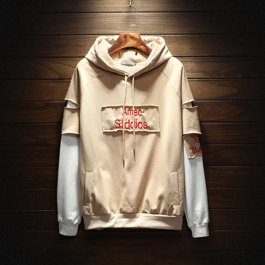 Fake Two Pieces Men Hoodie Sweatshirts Hoodies Patchwork Hip Hop Sweatshirt Harajuku Oversized Street Wear Korean Mens Clothing