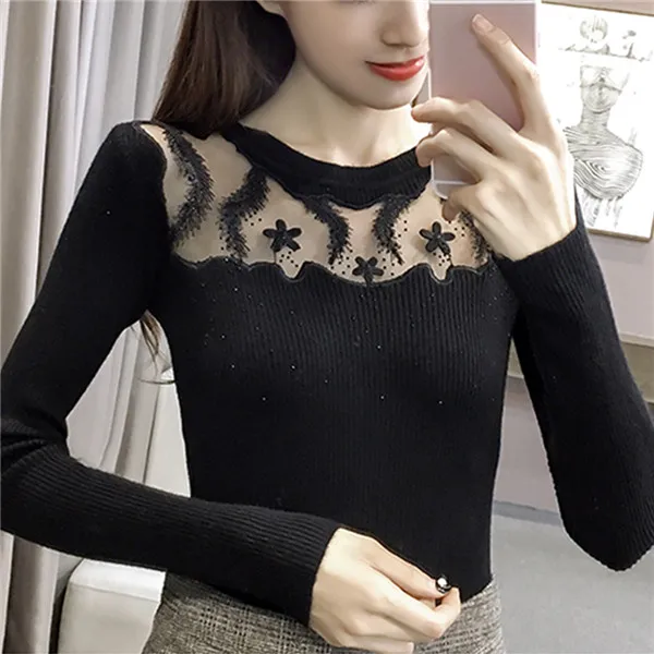 Sweet lace patchwork women sexy thin knitted sweaters pull femme basic ...