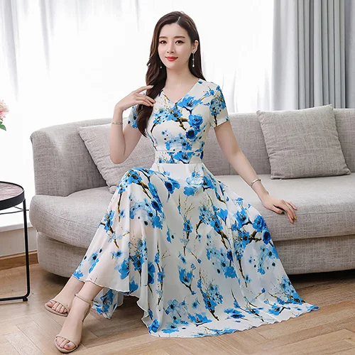Белый Женские облегающие вечерние платья Vestidos летние винтажные 3XL плюс размер пляжный Макси Сарафан с принтом корейские элегантные цветочные шифоновые платья - Цвет: Белый